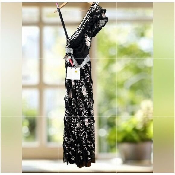 Mac Duggal Embroidered One Shoulder Gown Black Floral Lace up Dress NWT - Picture 15 of 16
